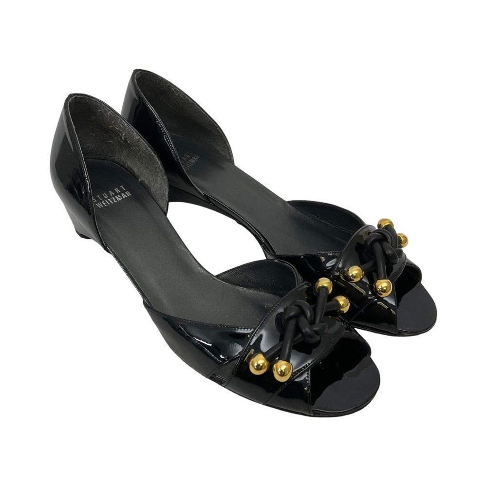 Stuart Weitzman Size 9 Black Patent Leather D'Orsay Peep Toe Cone Heels Sandals